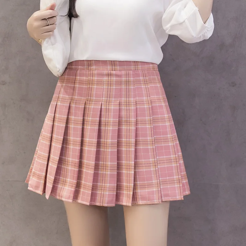 plaid pink FIONTO, Женская юбка трапециевидной формы с высокой талией, шикарные юбки с вышивкой, летняя Студенческая плиссированная юбка для женщин, милая танцевальная клетчатая юбка для девочек - Цвет: plaid pink