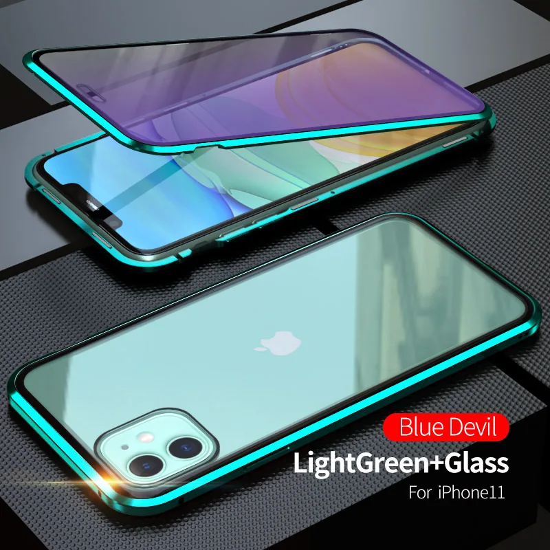 Роскошный противоударный защитный чехол для телефона, чехол для iPhone 11 Pro Max, синее закаленное стекло и Алюминиевый металлический магнитный чехол