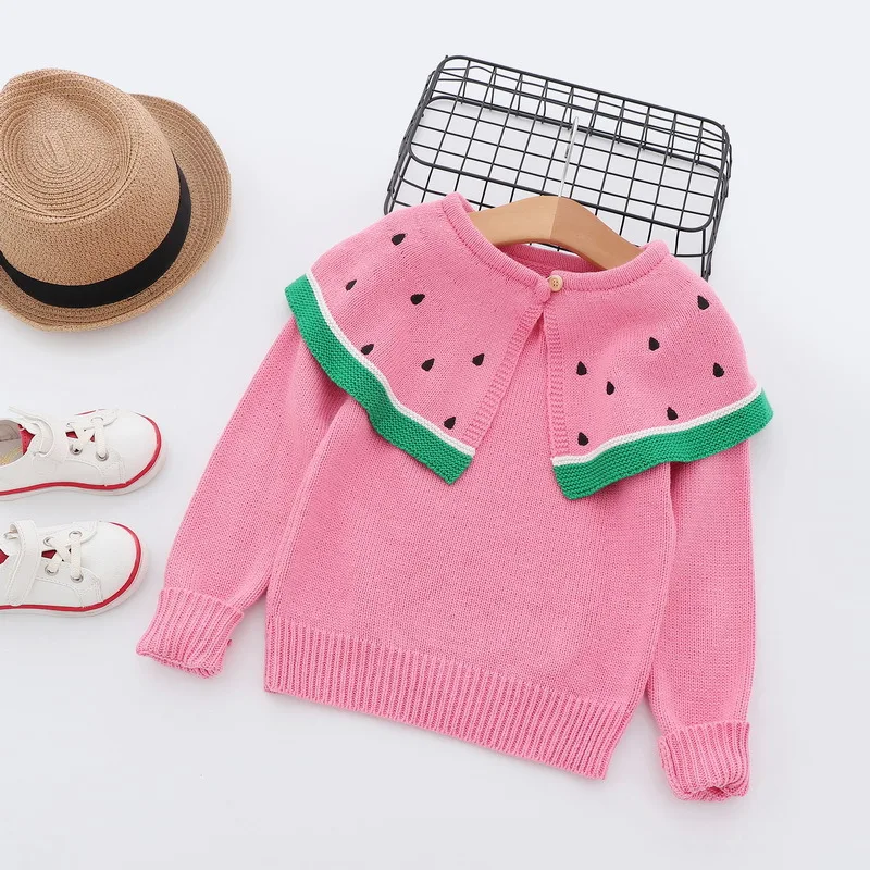 

Katoofely2018 Autumn New Style Childrenswear Girls Children Large Lapel Cute Cartoon Watermelon Knitted Sweater