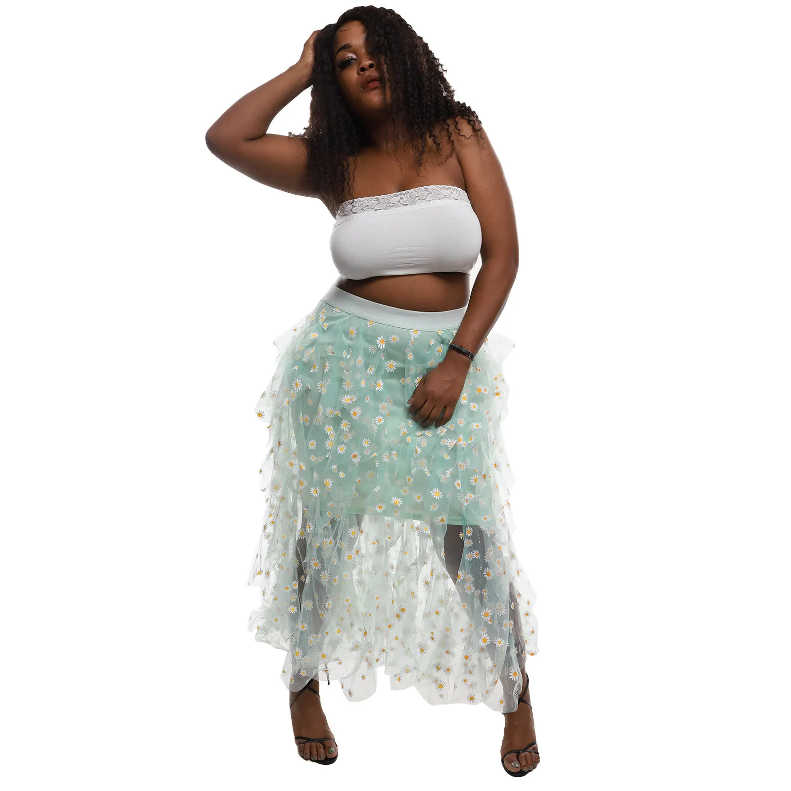 

Women High Waist Floral Skirts Sexy Mesh See Through Bubble Midi Skirt 2021 Fall Night Club Prom Fairy Grunge Clothes