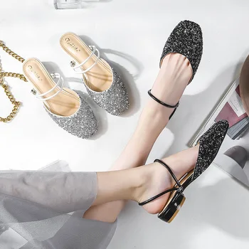 

Glitter Mules Women 2020 Low Heels Shoes Bling Square Toe Slippers Fashion Slides Slip on Loafers Big Size Mule Sandalias Mujer