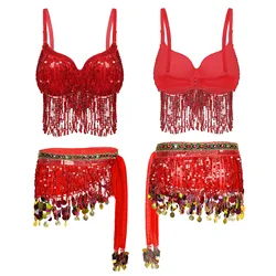 #S-L Women Belly Dance Performance Costume Sequins Tassel Underwired Bra Tops with Fringe Waist Chain Lace-up Hip Scarf Skirt