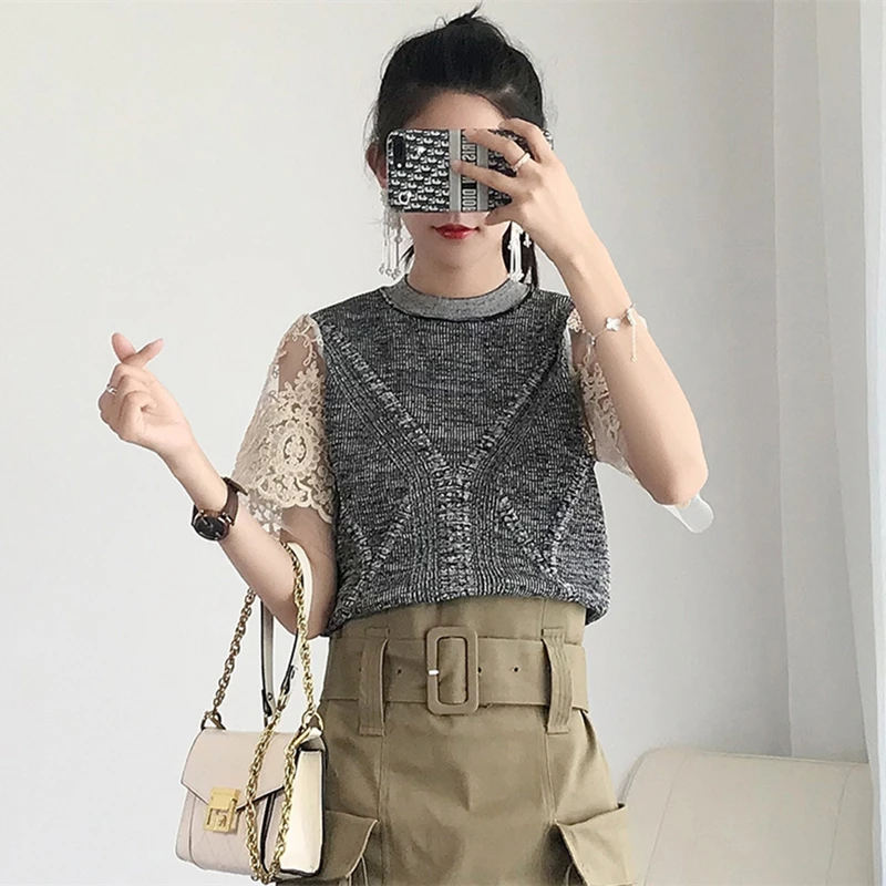 

Women T-Shirt Elegant Bodycon Flower Embroidery Mesh Tees Summer Top Knitted Twist T Shirt Runway Slim Short Sleeve Pullovers