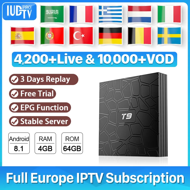

IPTV France Sweden Netherlands Germany T9 Android 8.1 RK3328 4+64G box IUDPRO 1 Year IPTV subscription Portugal Belgium IP TV