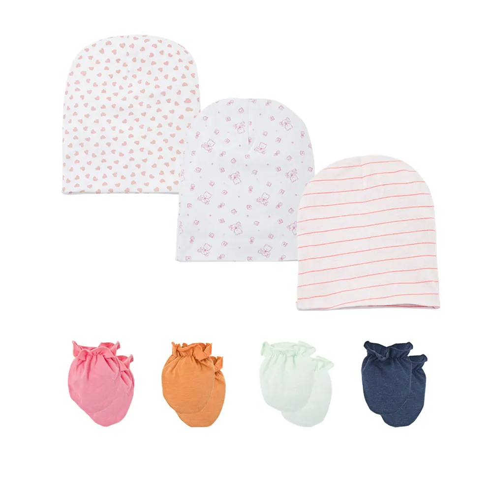 4 пары модных перчаток против царапин для новорожденных, Хлопковые варежки-царапки с 3 шапками из хлопка