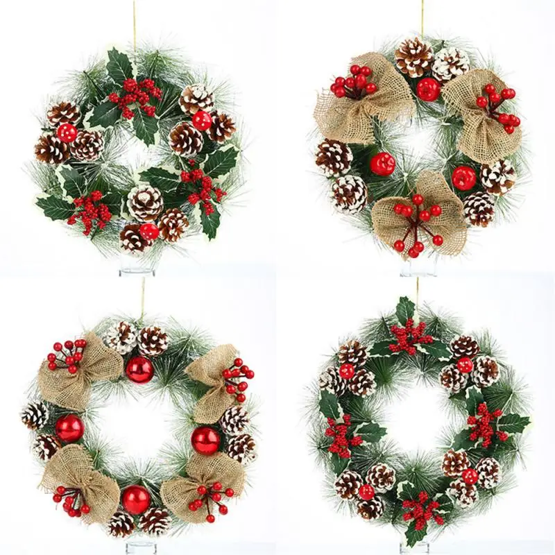 

2019 Christmas Decoration Wreath Pine Cone Red Decorative Crown Jewelry Home Flash Poinsettia Wedding Party Artificial Wreath