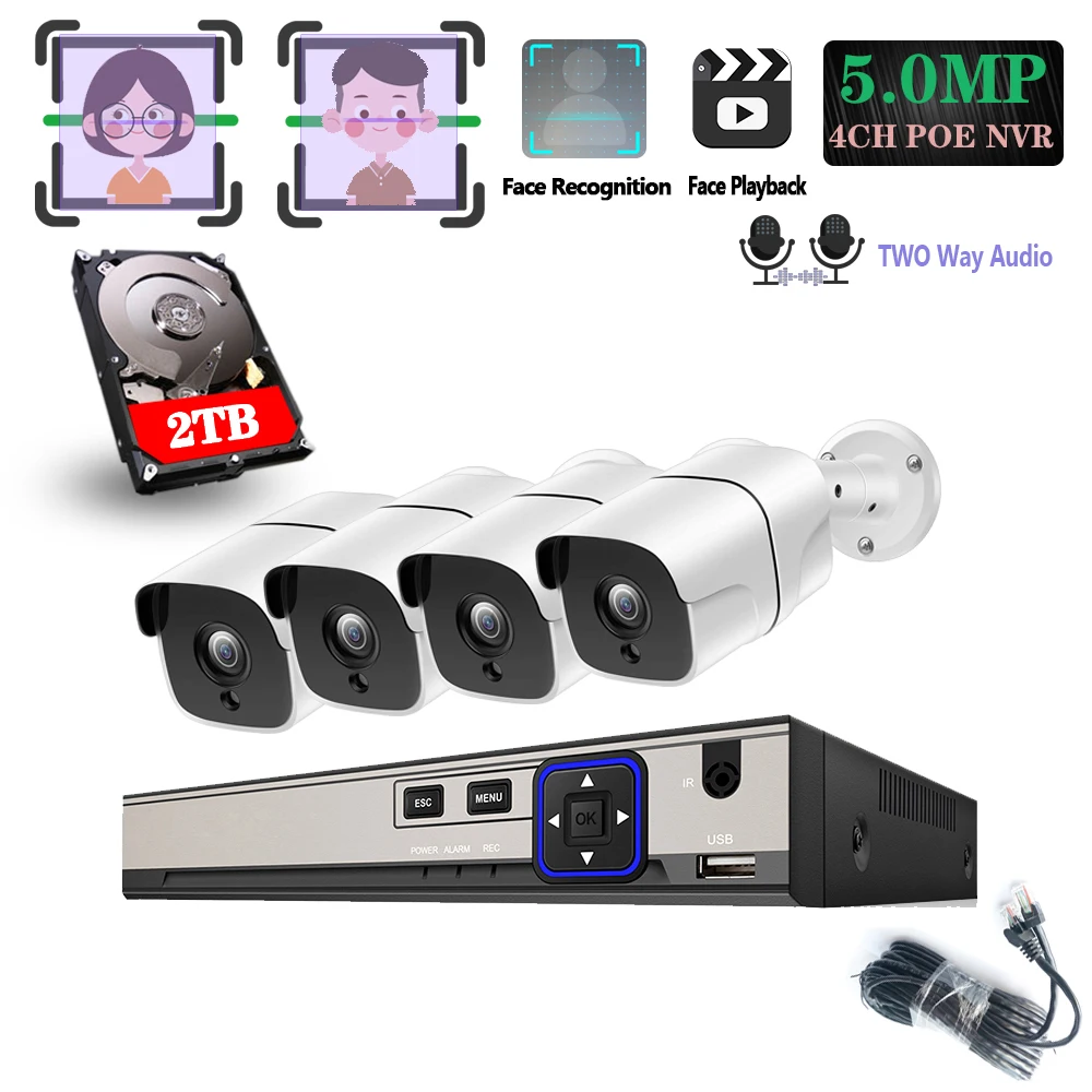 Plug and play POE NVR 4CH Xmeye CCTV Face Identify System Audio 5MP Bullet POE IP Camera IR Day/Night Security Surveillance Kits