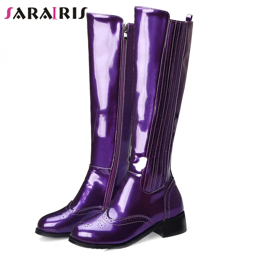 SARAIRIS/32-43 вечернее крутое лакированные ботинки из Pu искусственной кожи женские модные ботинки до середины икры для свиданий г. Женская повседневная обувь на среднем каблуке 4 см