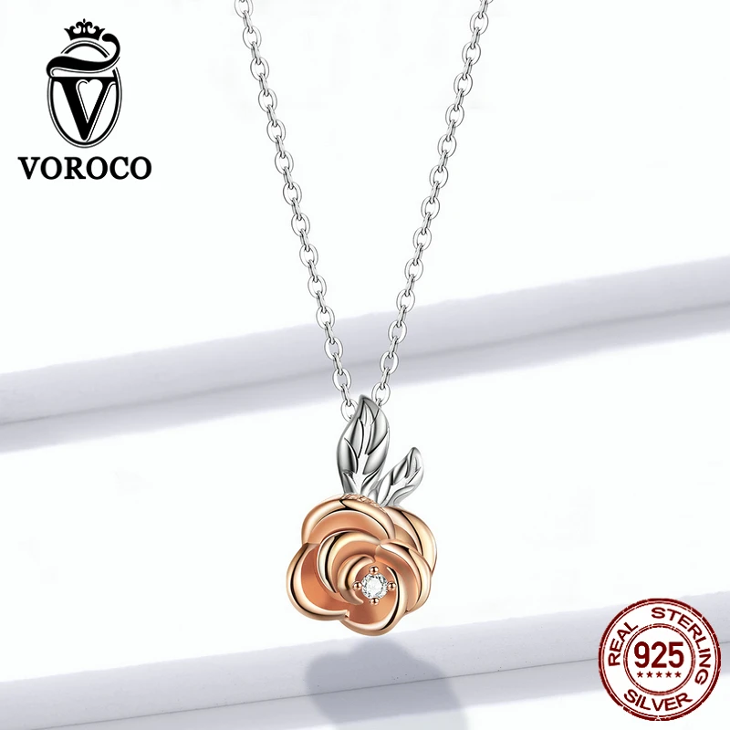 VOROCO ZBS182 925 пробы, Серебряная роза, Золотая романтическая роза, 3D цветок, кольцо и серьги-гвоздики и ожерелье, ювелирный набор, женский подарок