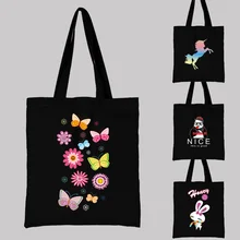 Student Shopping Bag Casual Large-capacity Shoulder Bag Reusable Color Pattern Printed Canvas Black All-match Linen Carrying Bag
