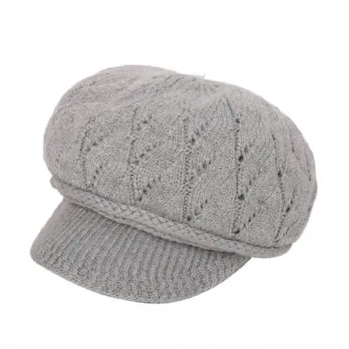 Light Gray Женская зимняя эластичная вязанная кепка Newsboy, Одноцветный плотный теплый берет с козырьком, шапка с геометрическим рисунком, шапка из кроличьей шерсти, Рождественская шапка - Цвет: Light Gray