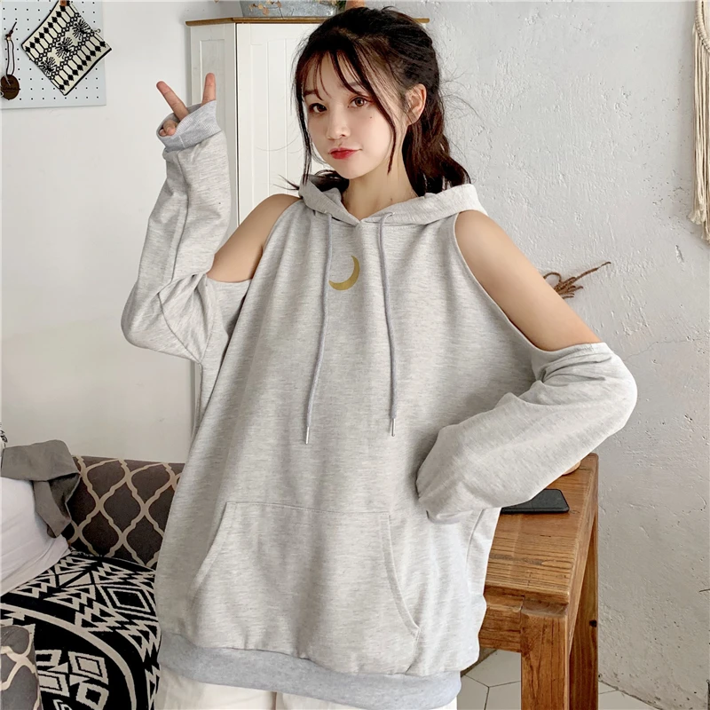 Ulzzang корейские модные сексуальные толстовки без бретелек женские осенние Топы Harajuku пуловер с принтом Луны свободная длинная школьная уличная одежда