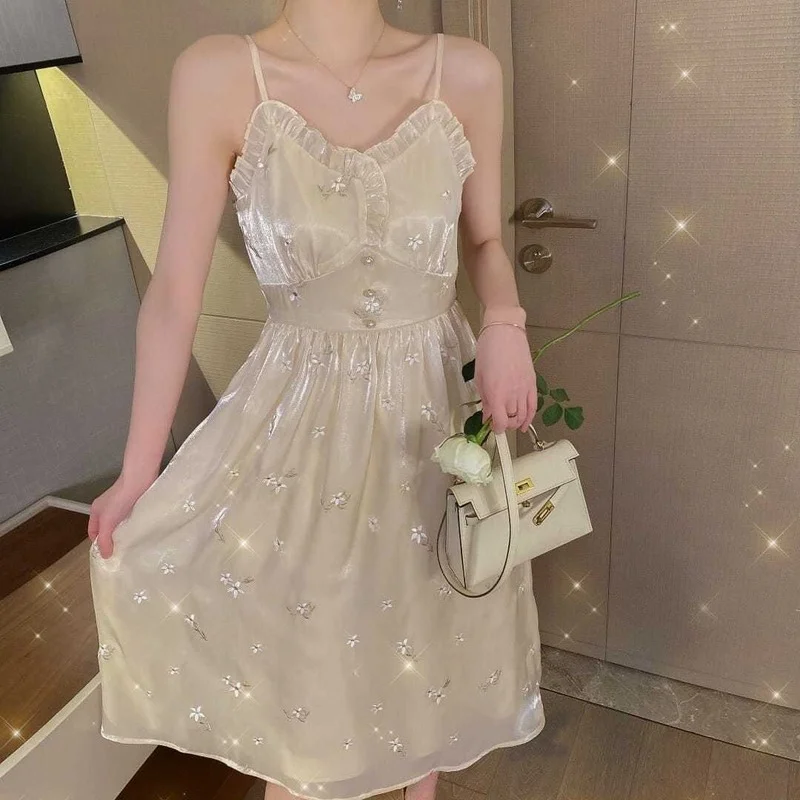 

2021 Summer Folral Dress Women Sequin Elegant Sweet Cute Strap Prty Midi Dress Female Sexy Gentle Casual Beach Korean Dress New