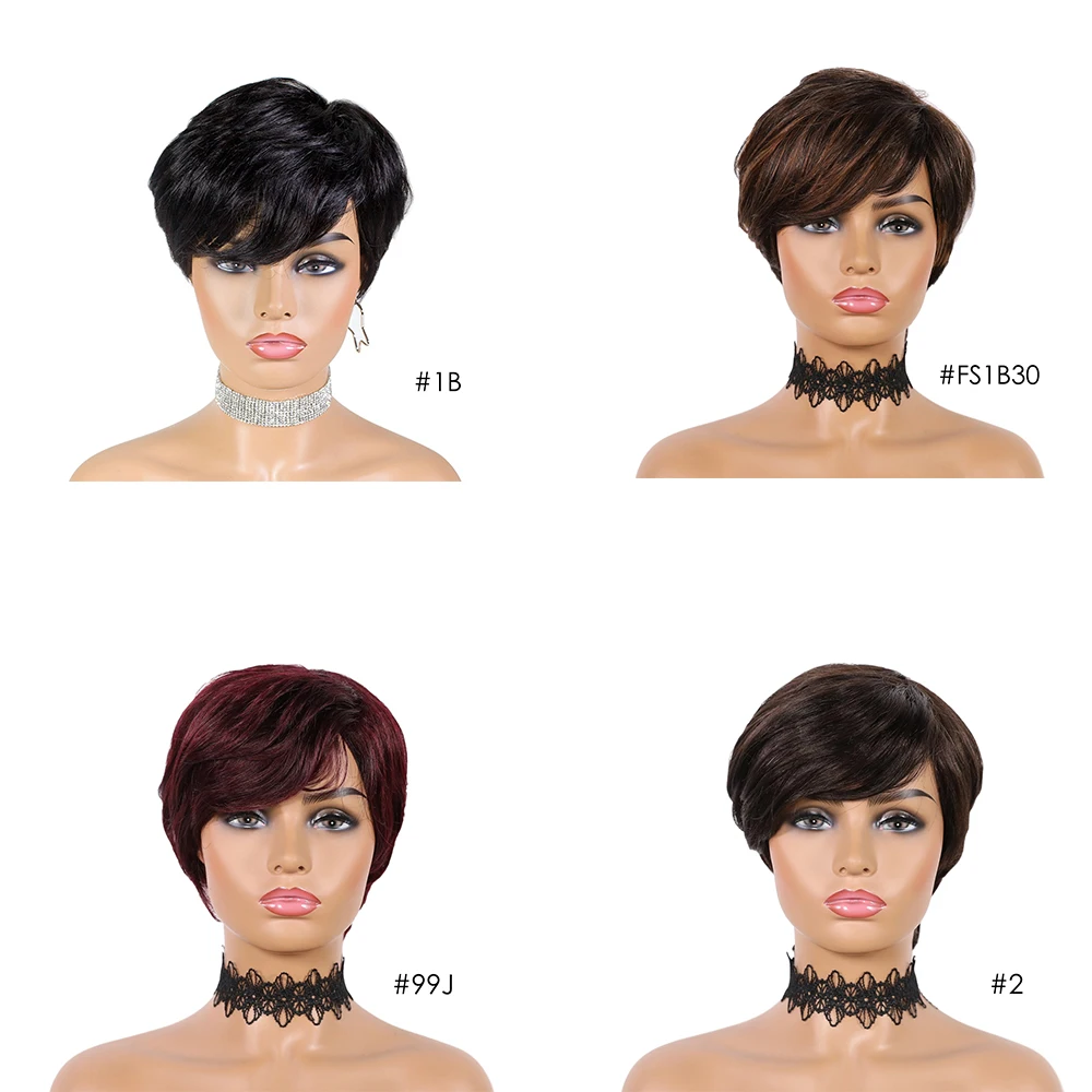 SSH Short Human Hair Wigs Pixie Cut Straight Remy Brazilian Hair for Black Women Machine Made Highlight Color Cheap Glueless Wig