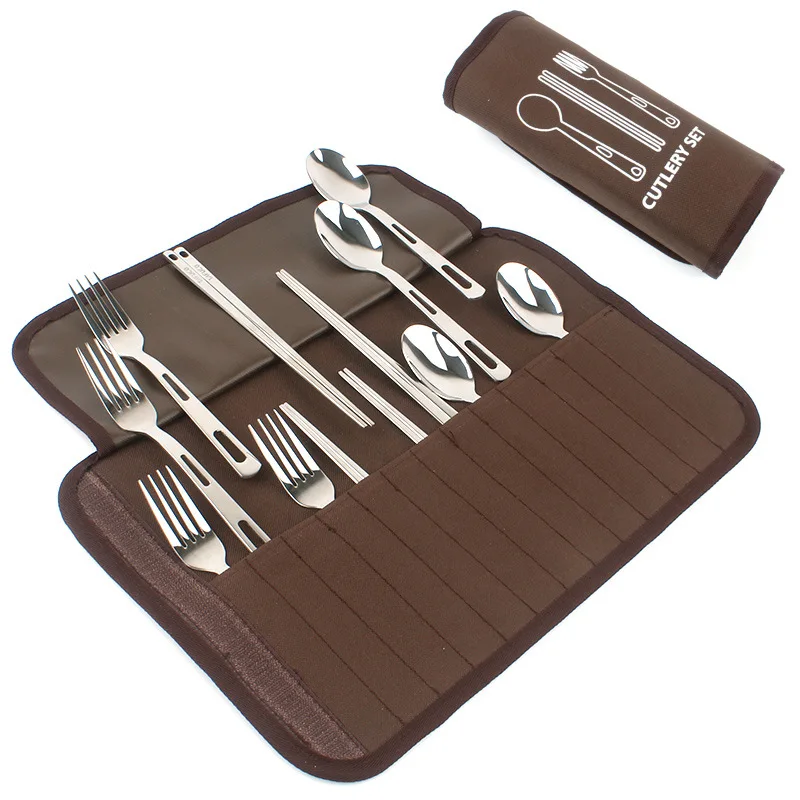 

Outdoor Tableware Set Camping Barbecue 4 People Tableware Portable Stainless Steel Spoon Chopsticks Fork Picnic Bag