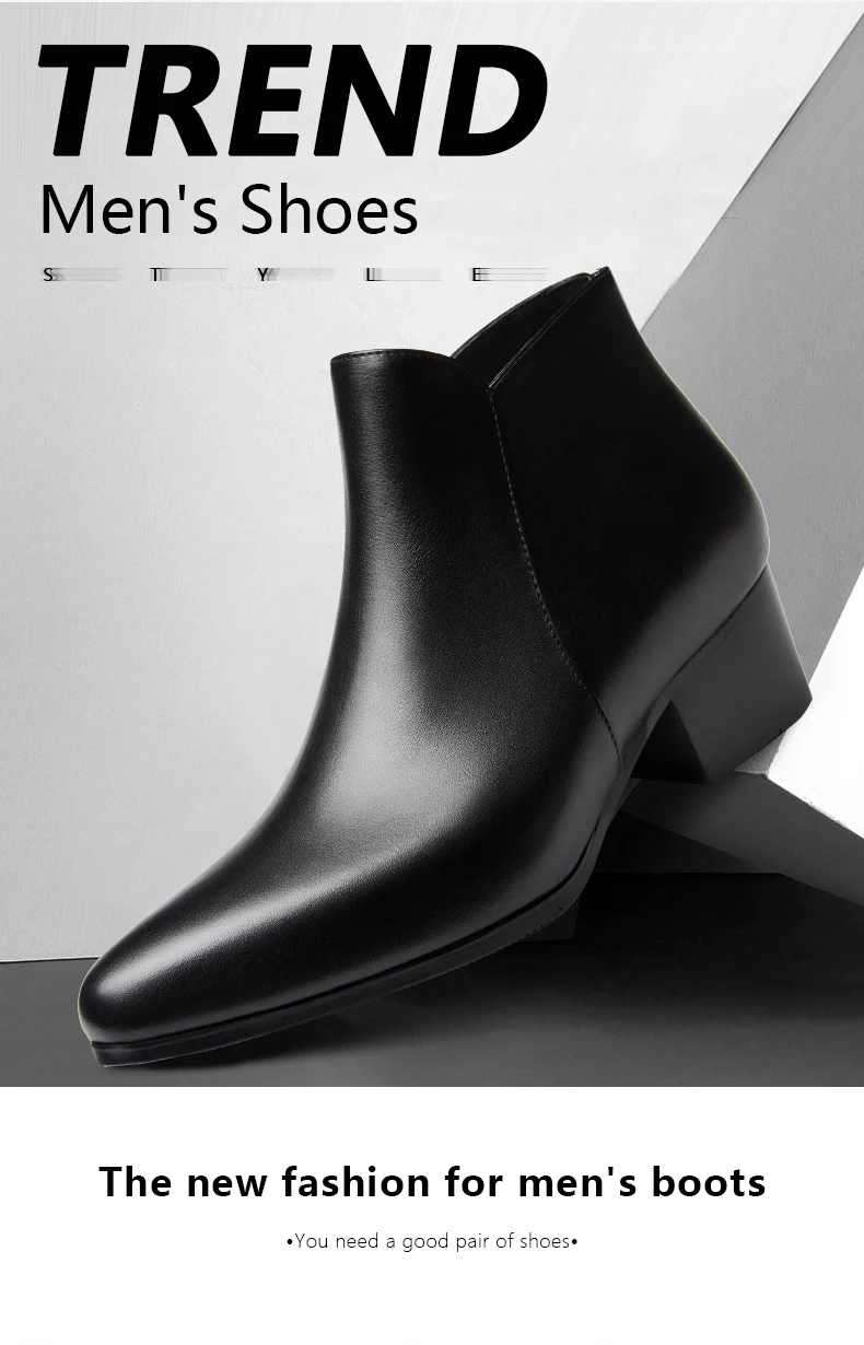 Men Ankle Boots Genuine Leather Men Boots Fashion High Heels Chelsea Boots Black Comfortable Men Footwear Size 36-47