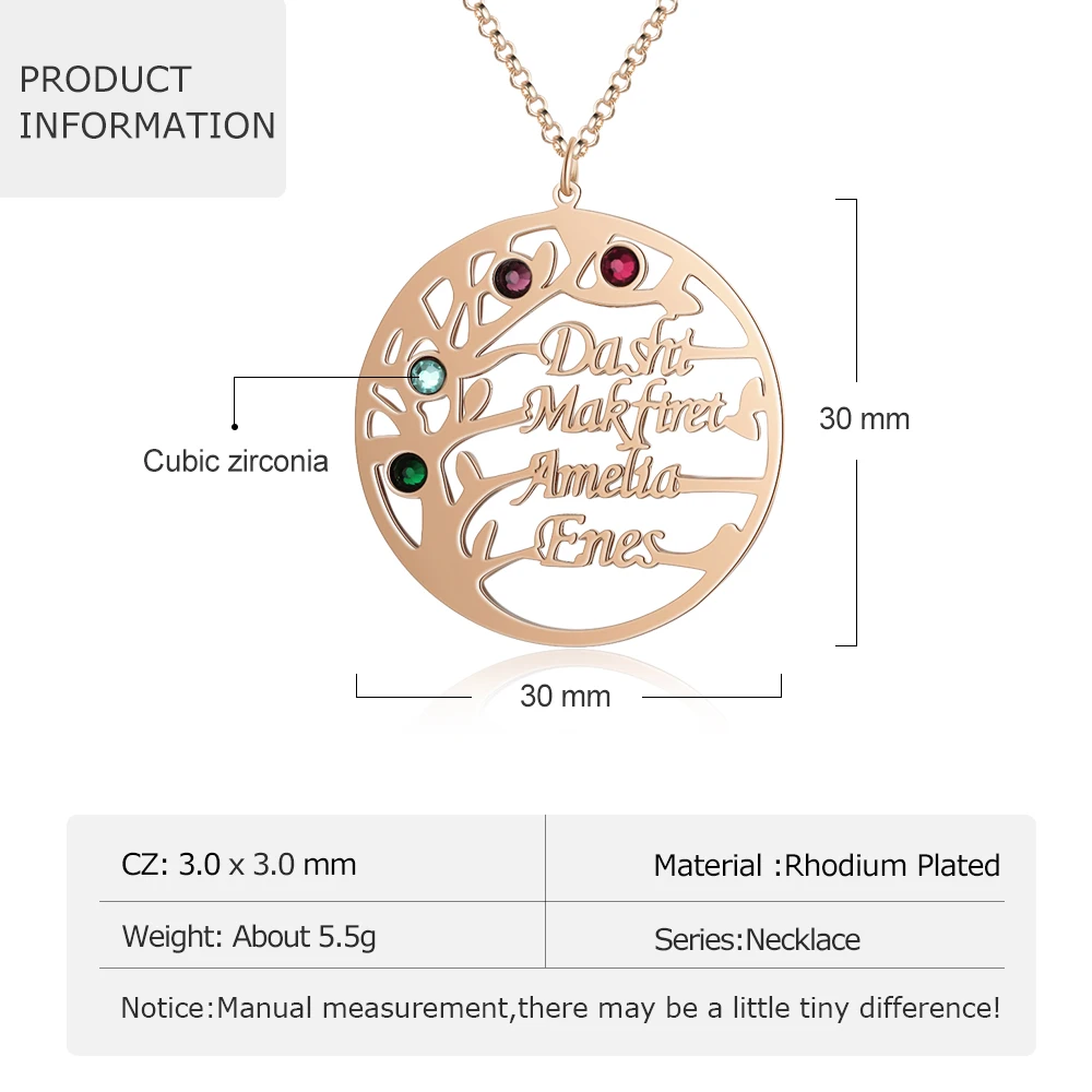 Персонализированные ожерелья с именем нежное дерево кулон выгравировать 4 имени камни по месяцу рождения семья ювелирные изделия обещание юбилей подарок для женщин