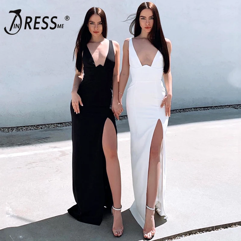 INDRESSME модные женские туфли с глубоким v-образным вырезом без рукавов Разделение платье с повязкой длинное платье модные женские туфли сексуальный черный элегантные вечерние платья