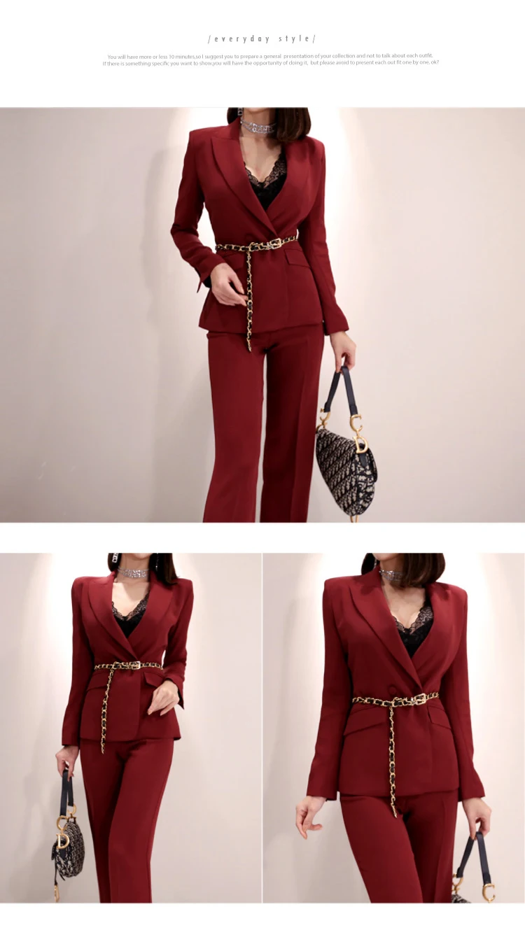 Модные офисные женские женский комплект 2 шт. брюки костюмы осень зима элегантный двубортный Красный Блейзер Топ+ брюки с высокой талией комплект