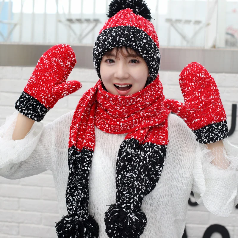 Трехсекционный Женский Зимний вязаный шерстяной с бархатными перчатками, шарфами и шапками в одном Корейском стиле, утолщенный теплый костюм - Цвет: 38