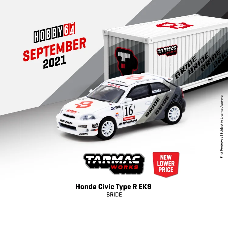 

Tarmac работает 1:64 Honda Civic Тип R EK9 BRIDE #16 с контейнером, литая модель автомобиля