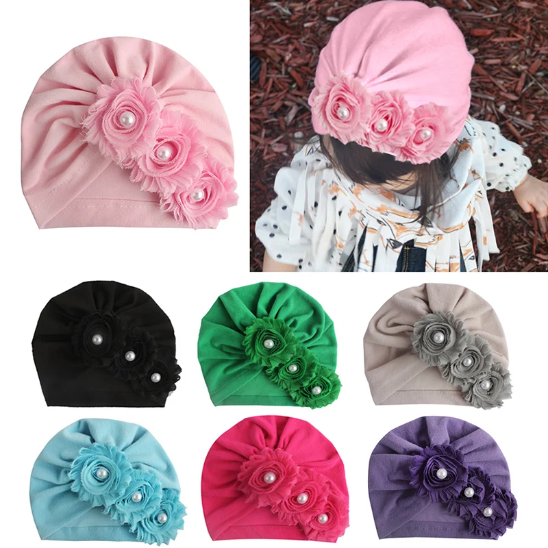 

10 Colors Baby Hat for Girls Pearls Turban Hats Infant Photography Props Cotton Kids Beanie Baby Cap Accessories Children Hats