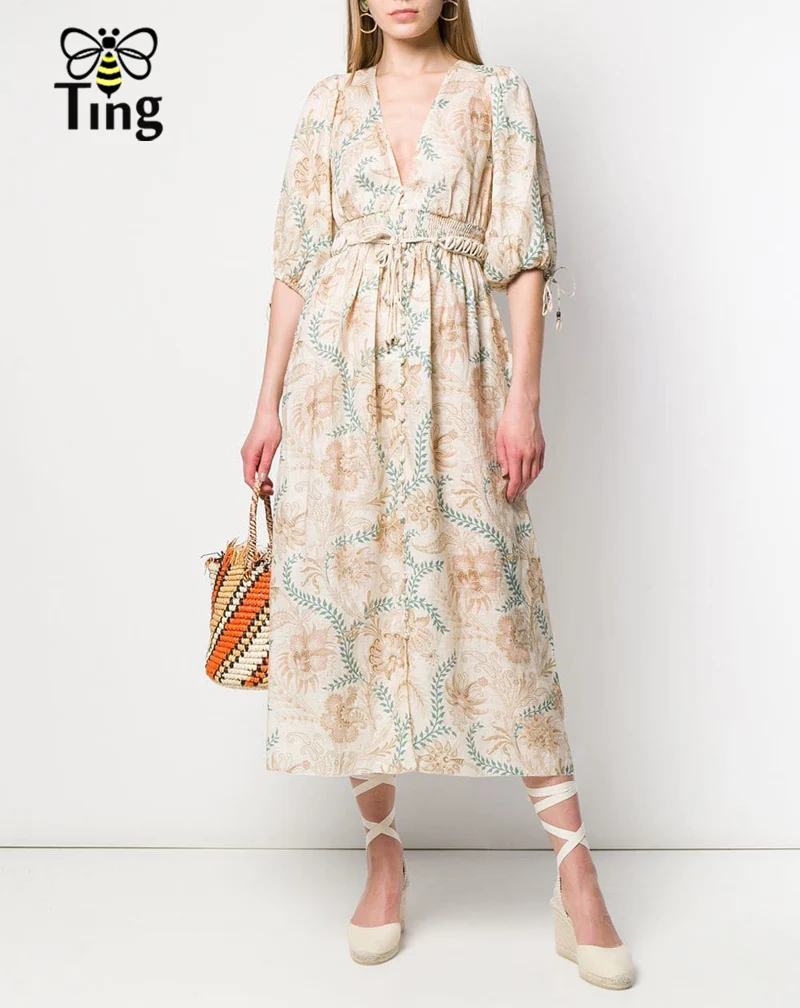 Tingfly Desiner летнее платье в стиле бохо винтажное модное однобортное богемное платье миди с поясом в виде ракушки Повседневный Сарафан