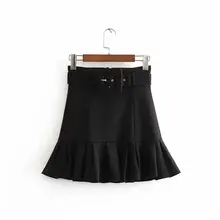Женская Осенняя мини-юбка с оборками, модная женская черная однотонная плиссированная юбка с поясом в стиле ампир, Женская Повседневная стильная короткая шикарная юбка