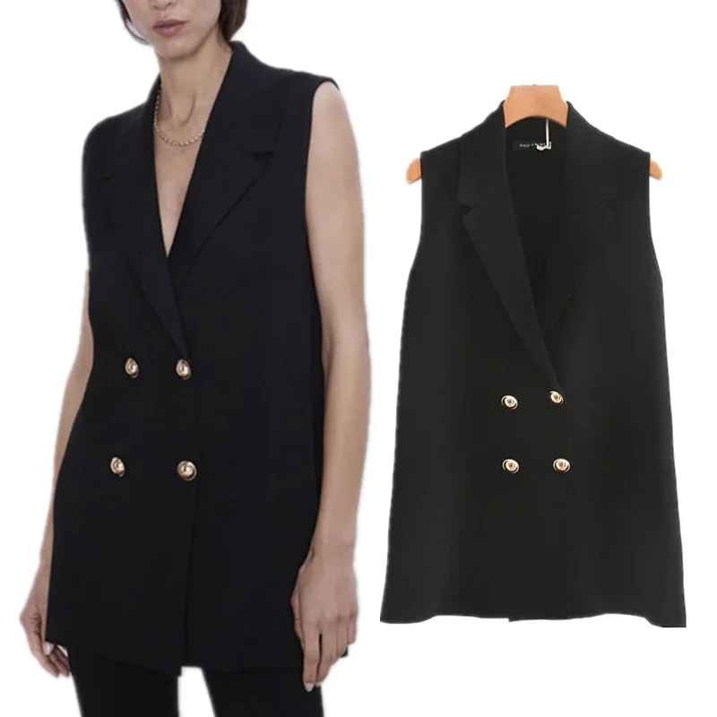 

2019 autumn jacket women england office lady simple double breasted sleeveless notched knitted vest jacket women tops