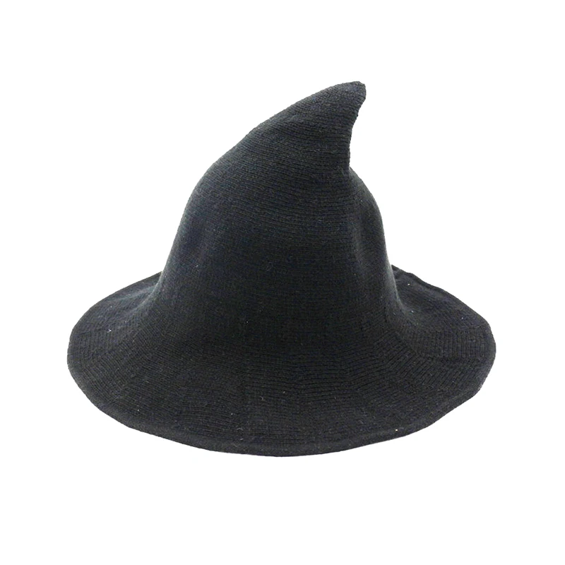 Sheep Wool Cap Knitting Fisherman Hat Autumn Winter Female Fashion Witch Pointed Basin Bucket Hats Women Modern Witch Cap TG0064 - Color: Black