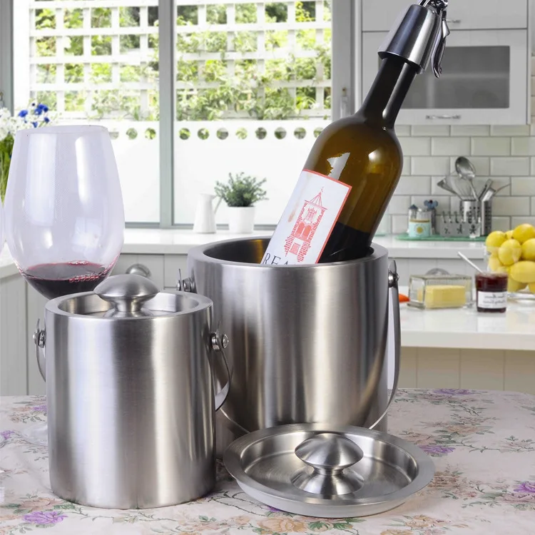

Stainless Steel Ice Bucket 1L 2L 3L Creative Wine Double Layer Insulated Hand with Lid Sanding Ice Bucket Europe Single