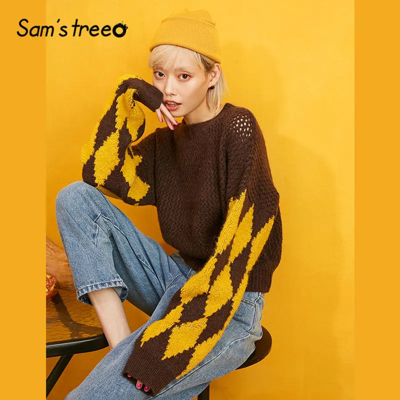 

SAM'S TREE Coffee Solid Mohair Hollow Out Pullover Sweater Women 2019 Winter Diamond Sleeve Knitted Casual Office Ladies Tops