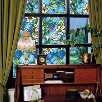 

Lily Pattern Stained Glass Sticker Static Cling Privacy Protection Multiple Size UV-Prevention Window Covering 23.62''by78.7''