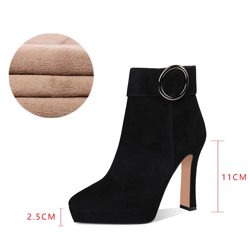 Black Velvet Модные ботильоны; женские зимние ботинки на высоком каблуке 11 см; Осенняя байковая обувь с металлической пряжкой; женская обувь на высоком каблуке на молнии - Цвет: Black Velvet
