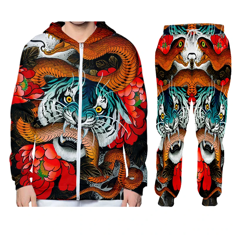 LCFA New 2021 Zip Hoodies Man Sweatsuit 3D Print Tiger Snake Casual Plus Size Costume Male Zipper Coat Autumn Fashion Hoody 4XL