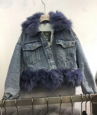 blue blue Джинсовая куртка из натурального Лисьего меха, женская зимняя куртка, пальто из натурального меха, короткая джинсовая стеганая куртка, теплое пальто, женская верхняя одежда - Цвет: blue blue