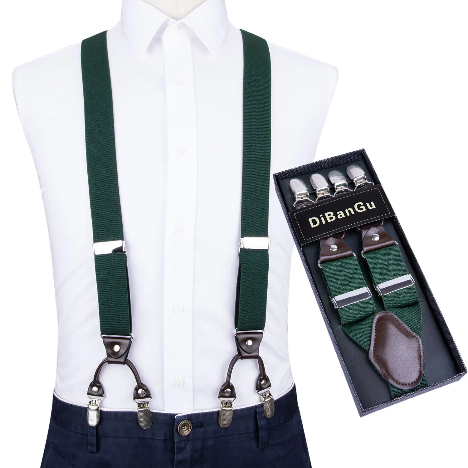 

Men Dark Green Elastic Suspender Genuine Leather 6 Clips Brace Male Vintage Wedding Party Trousers Fashion Suspenders DiBanGu