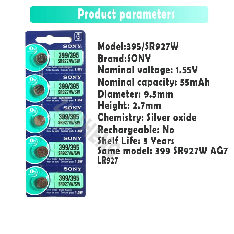 3 шт./лот Sony 100% оригинал 395 SR927SW 399 SR927W AG7 LR927 1 55 в серебряный оксид аккумулятор для