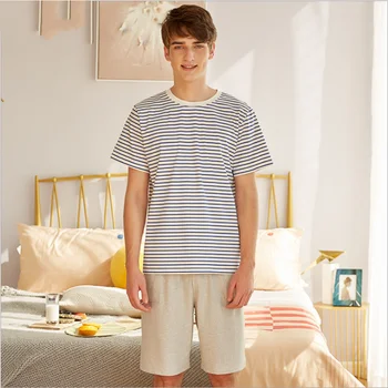 

2020 Summer Two-Piece Men Casual Striped Pajama sets Cotton Sleepwear suit Men's O-neck collar short sleeve shirt & Half Pants