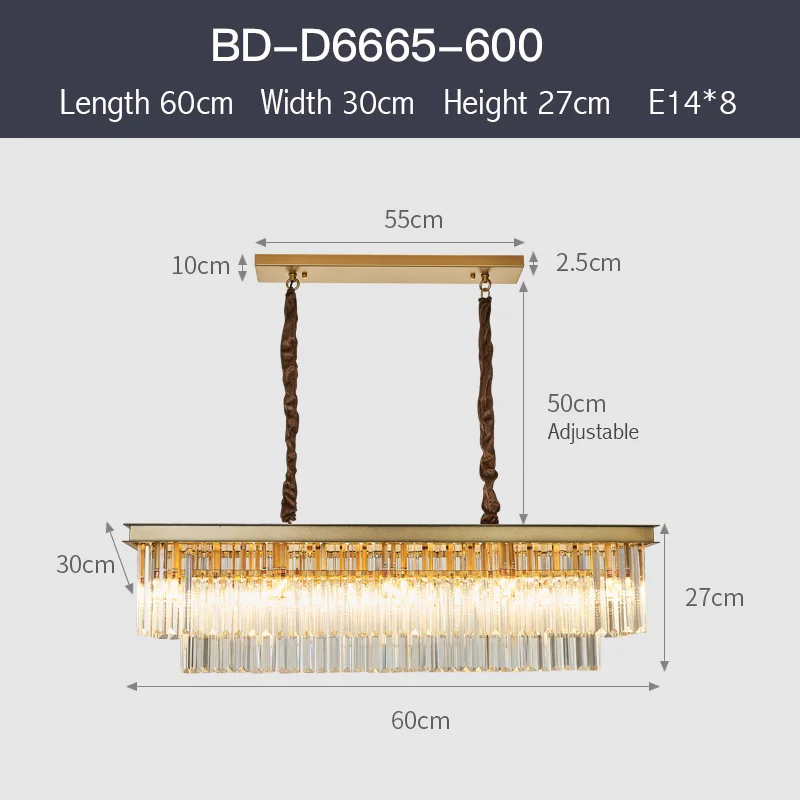 L60CM-8Lights Fss Золотая прямоугольная хрустальная люстра, светильник ing для столовой, люстры, светодиодные лампы, внутренний светильник, светильники - Цвет абажура: L60CM-8Lights