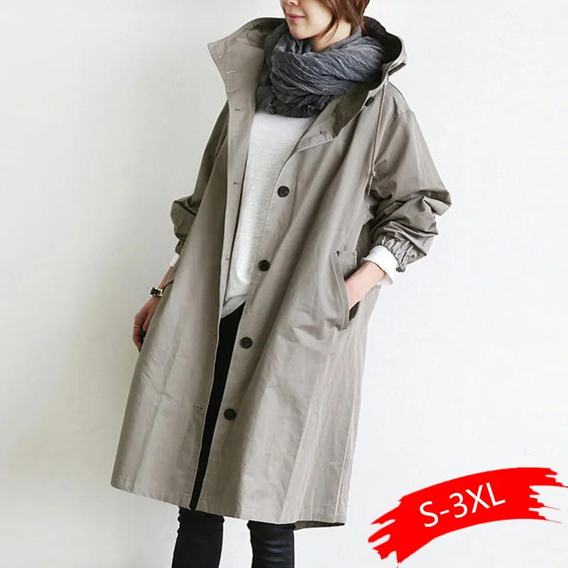 2021 New Solid Color Casual Windbreaker Korean Hooded Collar Loose Autumn Winter Women Trench Plus Size Simple Coats | Женская одежда