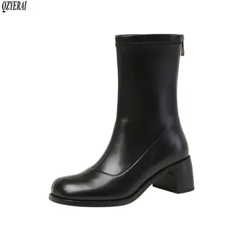 

QZYERAI black beige Genuine leather Female boots Women's boots High heels Women's shoes Size 34-39