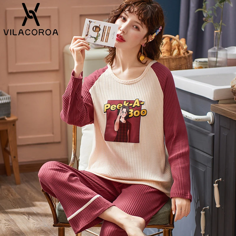 Pijama invierno трикотажная Хлопчатобумажная Пижама женская рубашка с круглым вырезом и длинными рукавами брюки 2 комплекта простой повседневной домашней одежды пижамы