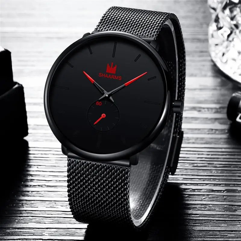 

SHAARMS Mesh Strap Men Black Watch Minimalism Analog Quartz Watches Luxury Stainless Steel Business Wristwatch Relogio Masculino