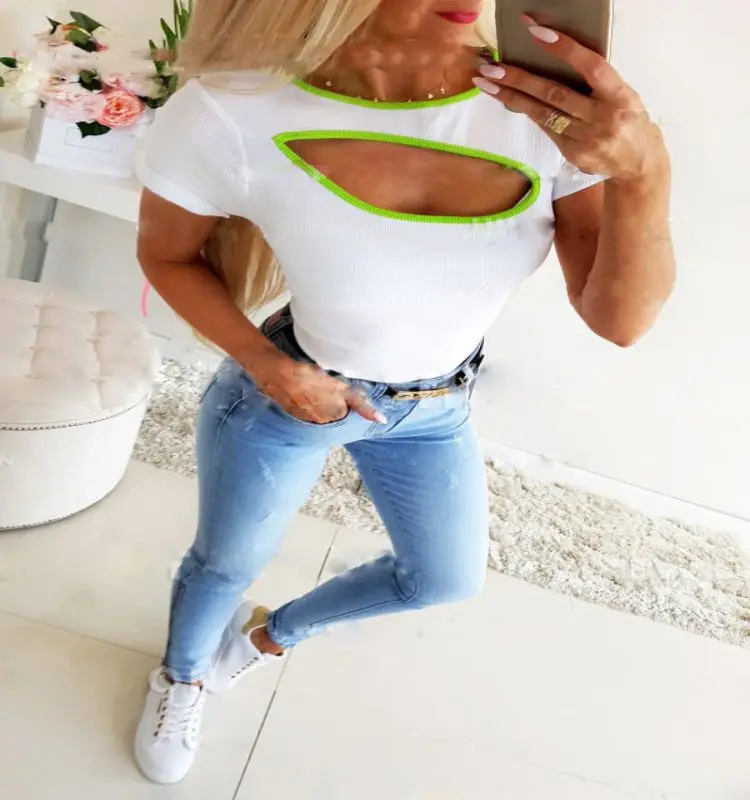 

2020 Sexy Women T-Shirts Summer Solid Color Hollow Out Round Collar Brief Paragraph Tight Short Sleeve Ladies Designer Tops