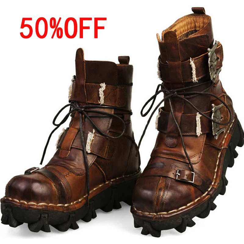 

Men's Cowhide Genuine Leather Leather boots men shoes Motorcycle Boots Military Combat Boots Gothic Skull Punk Boots
