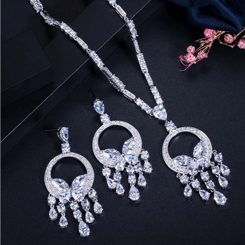 ThreeGraces красивый желтый кубический камень цирконий большие длинные серьги-подвески с бабочками колье ожерелье наборы для женщин Свадьба JS097