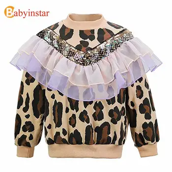 

Toddler Girls Leopard Print Sweatshirts with Sequin Design Toddler Pullover Tops with Gauze Kids Hoodies Baby Girl Clothes