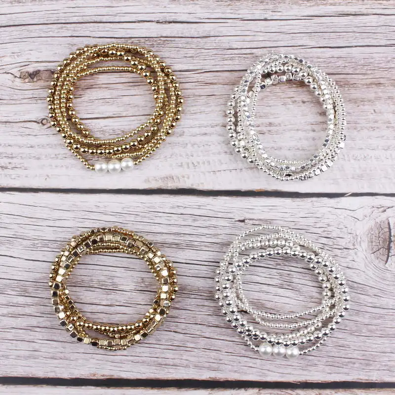 Beaded Bracelet Sets Gold Filled Beads Pearl Charm Elastic Bangles for Women Silver Color Mini Cube 5 PCS/Set