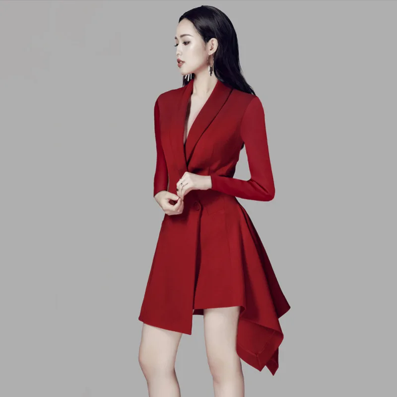 

2020 Spring Autumn New Pattern Lapel Self-cultivation Alcohol Red Long Sleeve Long Fund Suit Dress Women V427